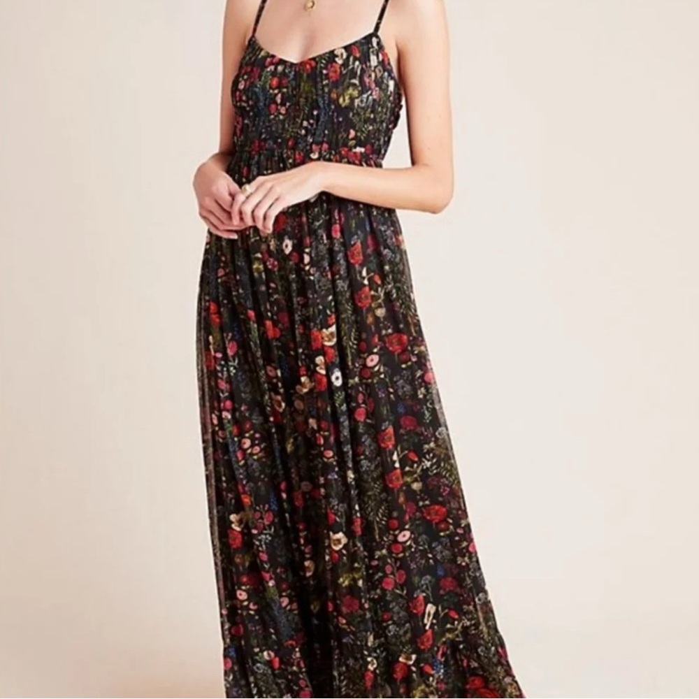 Anthropologie Payal Jain Floral Massima Pleated
Chiffon Maxi Dress Black size M